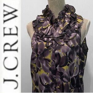 J. Crew Silk Floral Ruffle Blouse Size 6 Sleeveless Violet Yellow